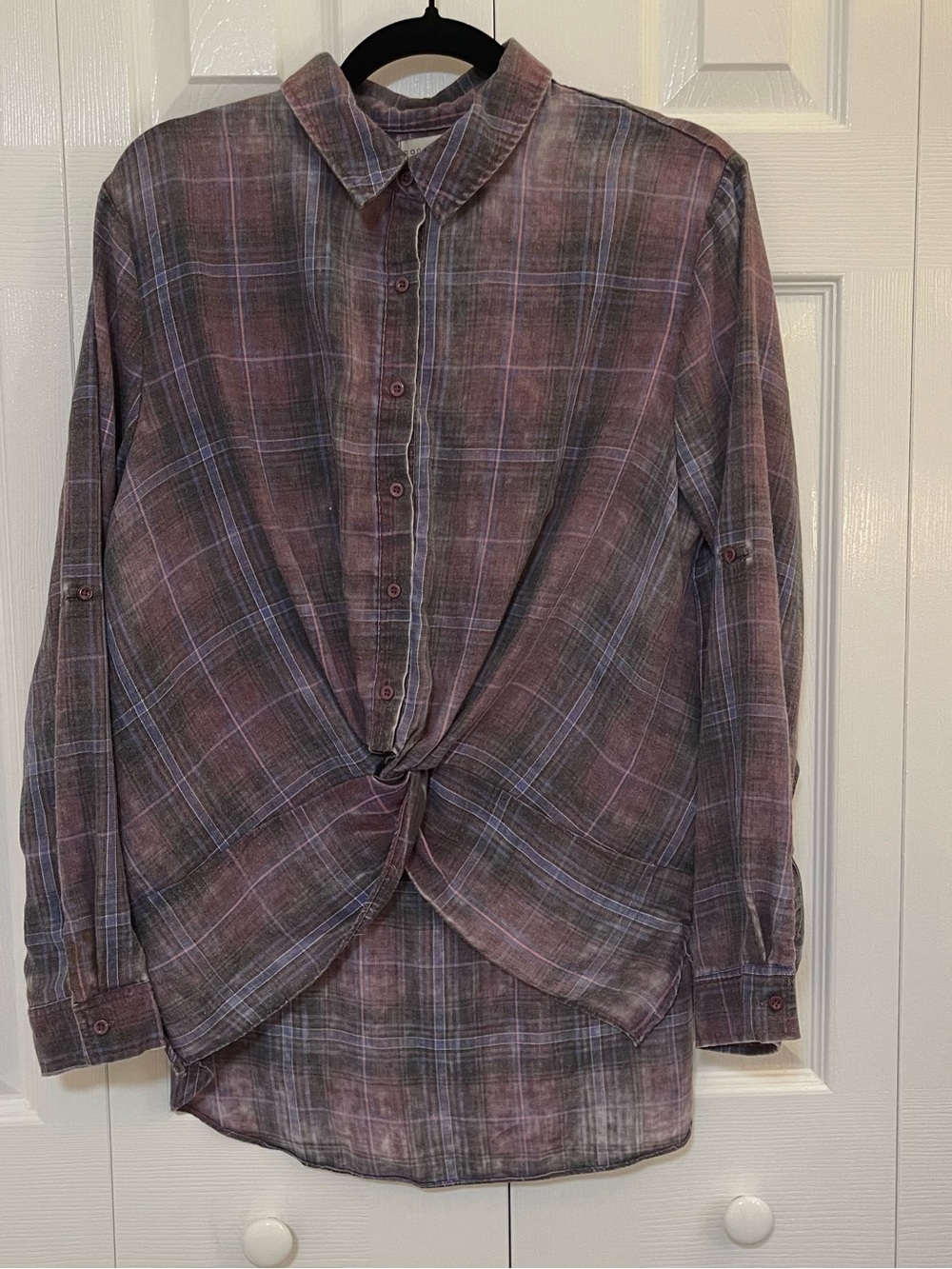 Paper Crane Purple Plaid Button-Down Shirt with Front Knot